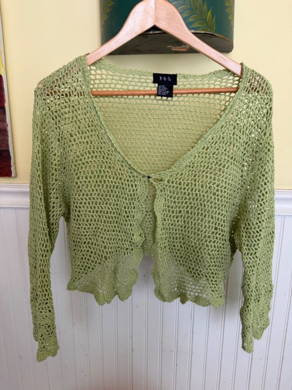 R.Q.T. Green Crochet Knit Cardigan Sweater XL Open Front Scalloped Hem